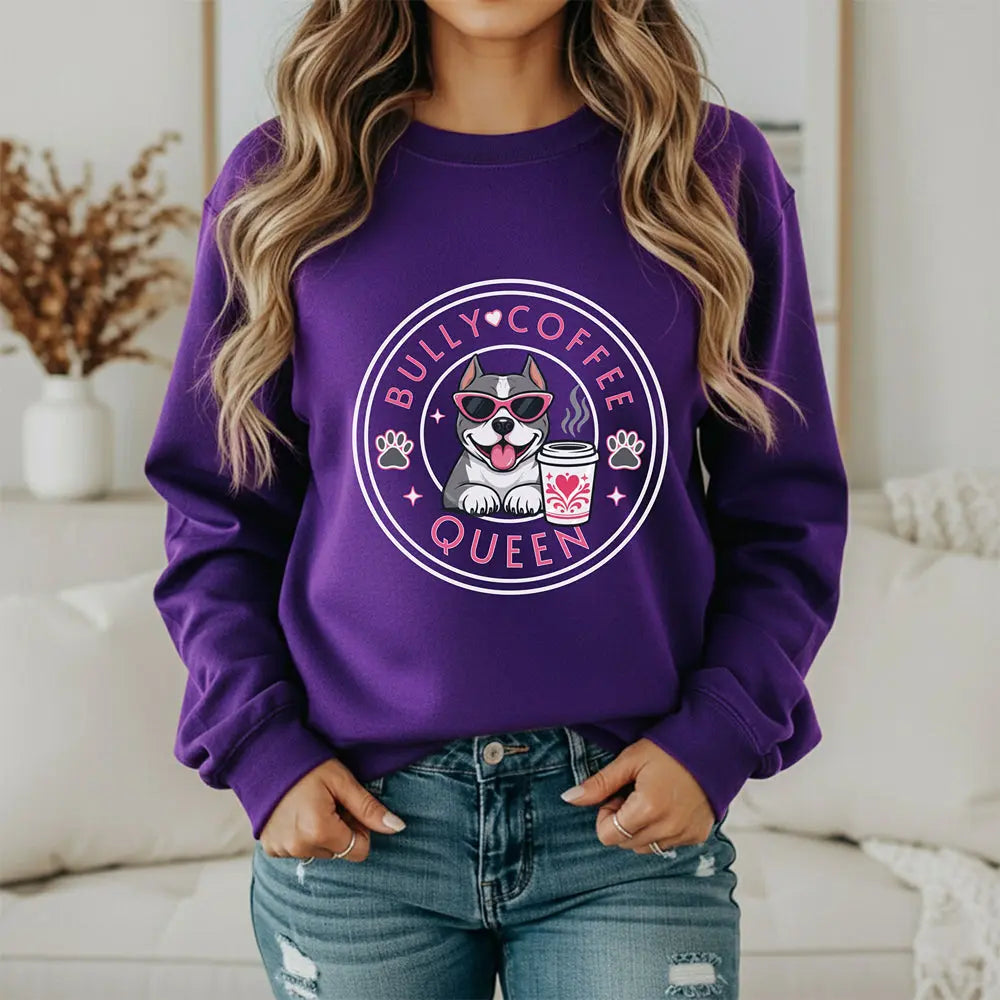 Bully Coffee Queen Sweatshirt — Pitbull with Pink Sunglasses & Coffee Graphic Printify