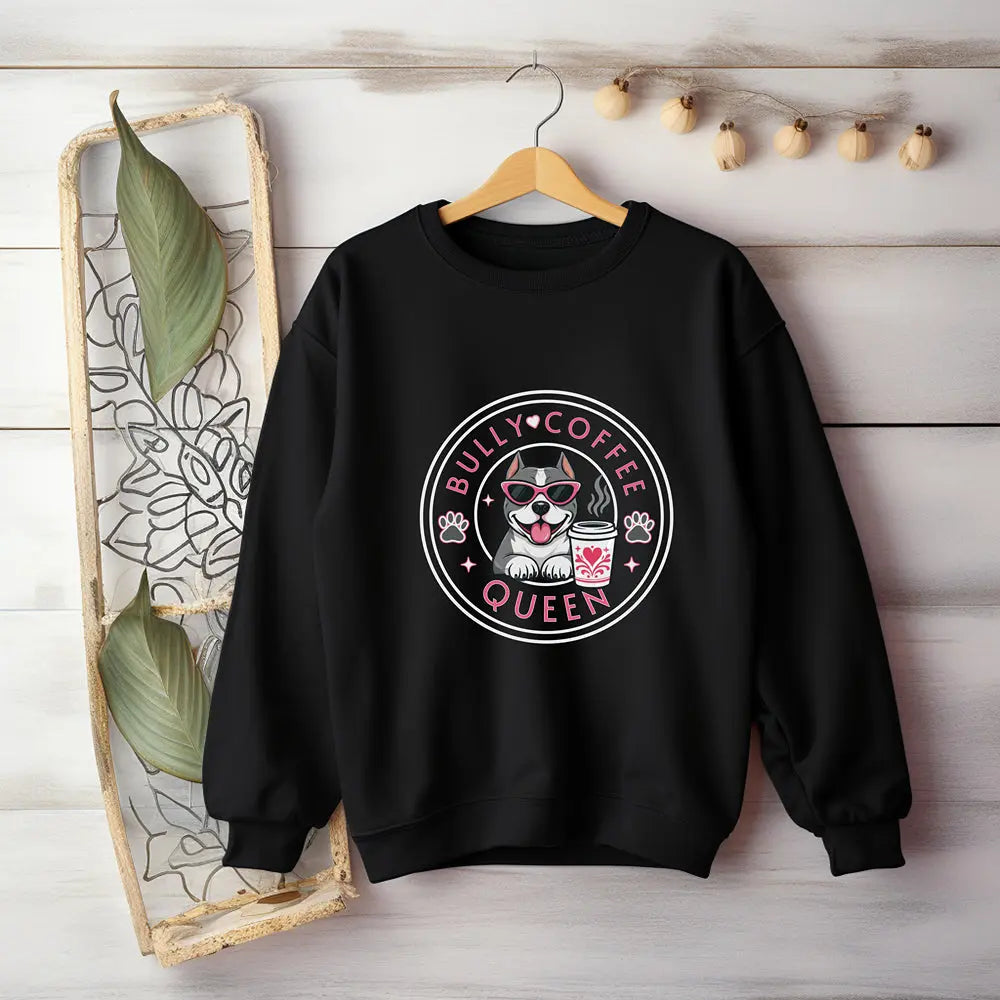 Bully Coffee Queen Sweatshirt — Pitbull with Pink Sunglasses & Coffee Graphic Printify