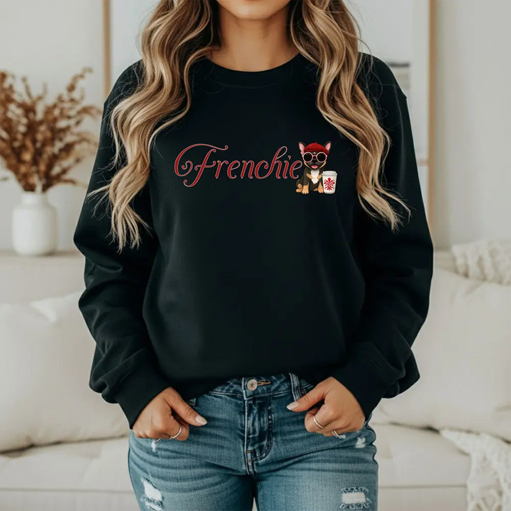 Frenchie Coffee Crewneck — Cute French Bulldog in Beret & Sunglasses Printify