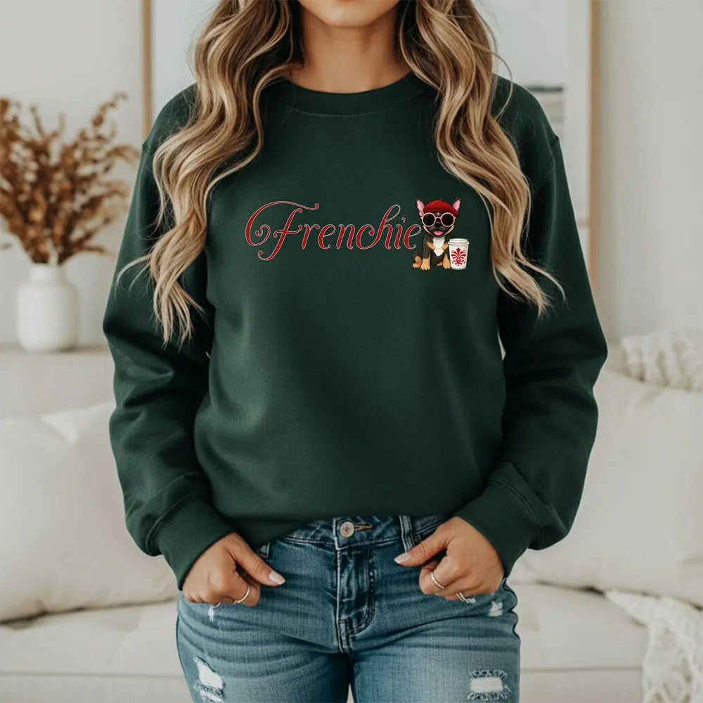 Frenchie Coffee Crewneck — Cute French Bulldog in Beret & Sunglasses Printify