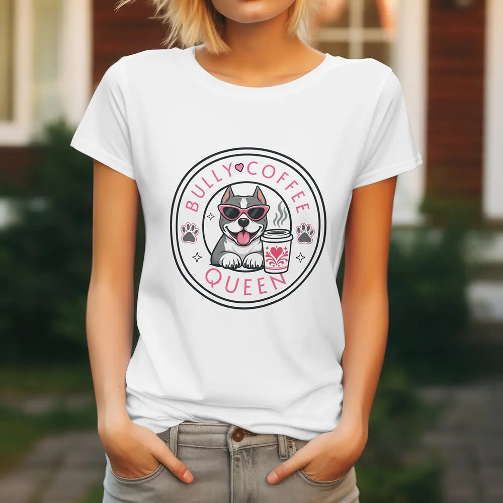 Bully Coffee Queen T-Shirt — Cute Pitbull Coffee Lover Tee Printify