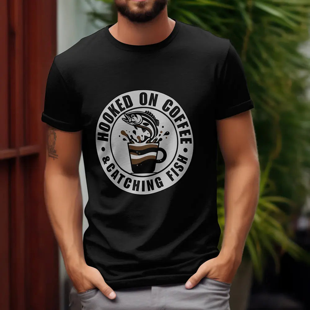 Hooked on Coffee & Catching Fish T‑Shirt – Fishing & Coffee Lover Tee Printify
