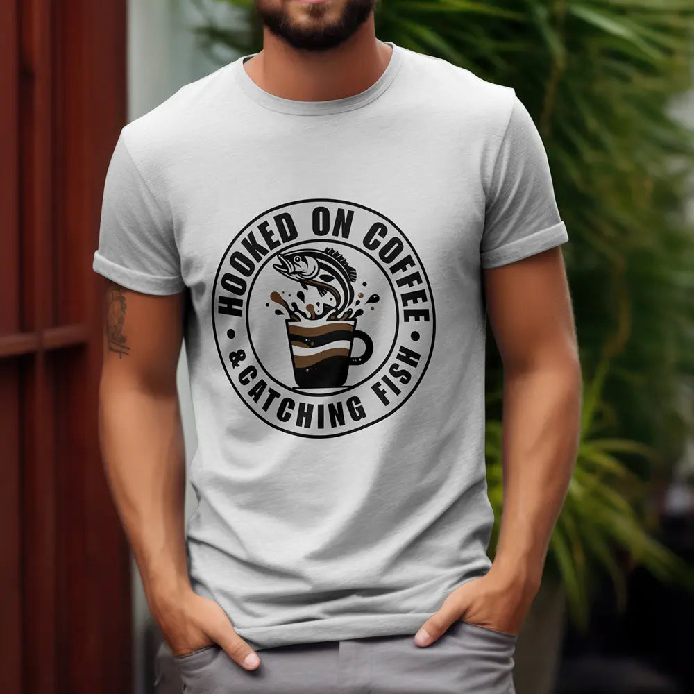 Hooked on Coffee & Catching Fish T‑Shirt – Fishing & Coffee Lover Tee Printify
