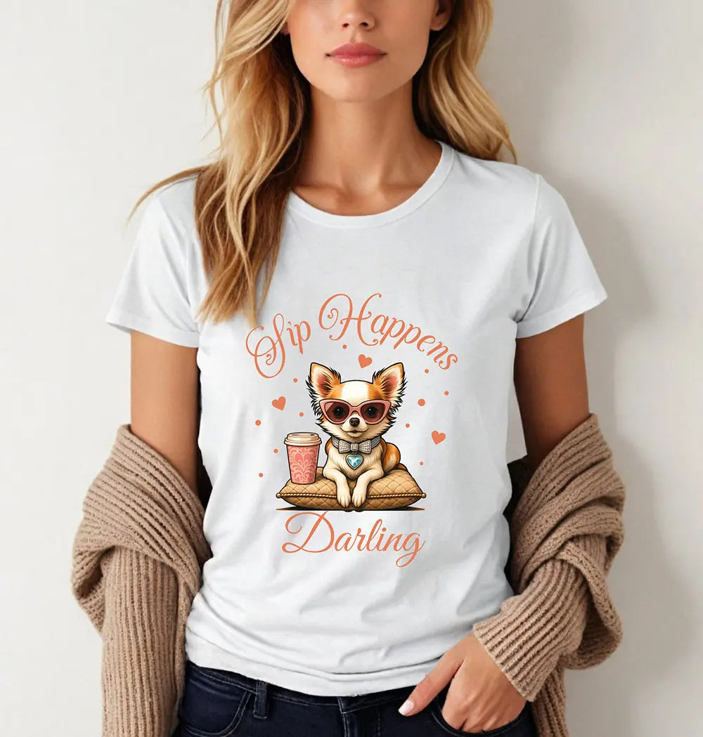 Sip Happens Darling Tee — Cute Chihuahua Coffee Women's T‑Shirt Printify
