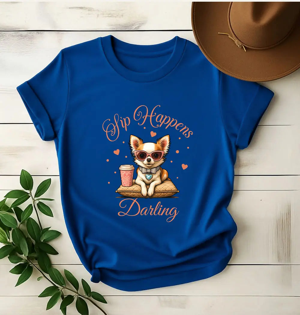 Sip Happens Darling Tee — Cute Chihuahua Coffee Women's T‑Shirt Printify