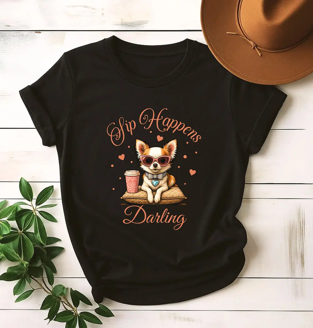 Sip Happens Darling Tee — Cute Chihuahua Coffee Women's T‑Shirt Printify