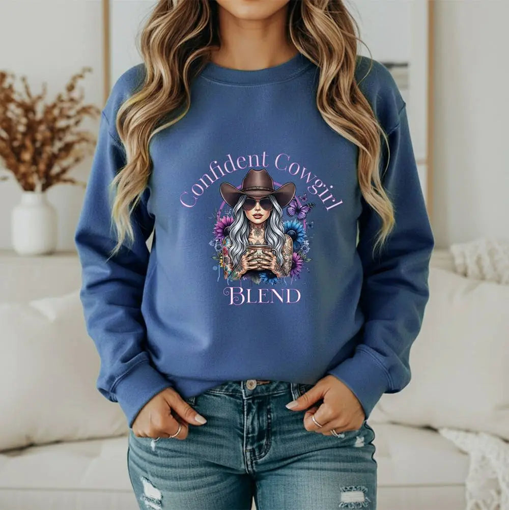Confident Cowgirl Sweatshirt — Floral Western Coffee Blend Graphic Shirt Printify
