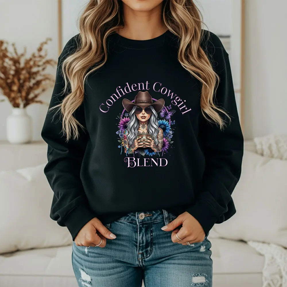 Confident Cowgirl Sweatshirt — Floral Western Coffee Blend Graphic Shirt Printify