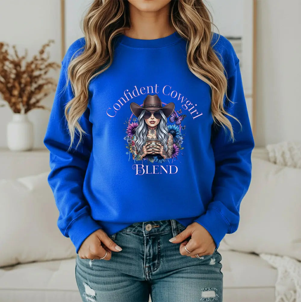 Confident Cowgirl Sweatshirt — Floral Western Coffee Blend Graphic Shirt Printify