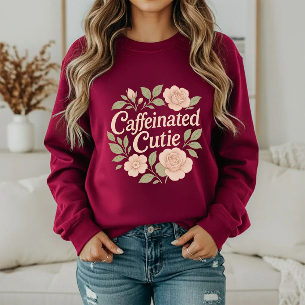 Caffeinated Cutie Sweatshirt — Floral Coffee Lover Crewneck - Boldly Bitter Company