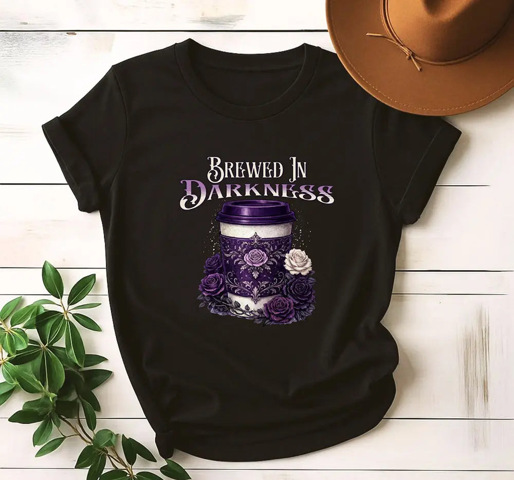 Brewed In Darkness Tee — Gothic Coffee Cup Floral Design Printify