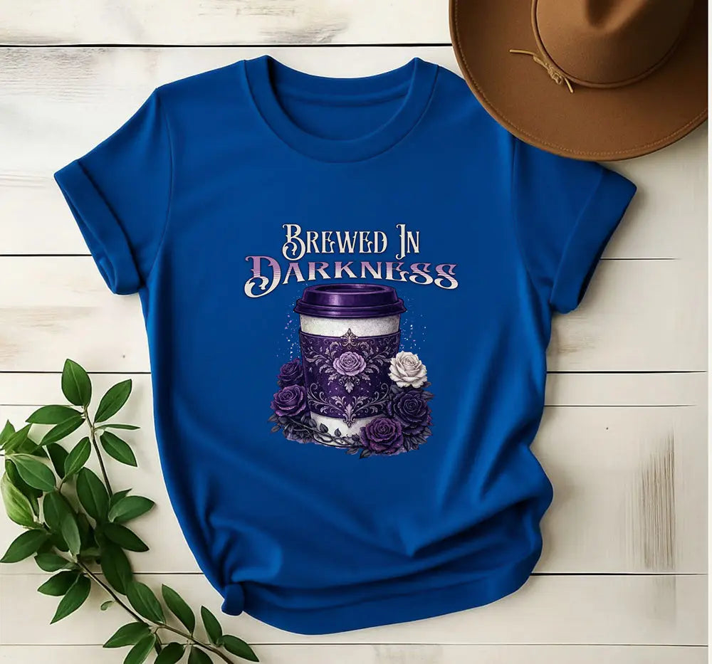 Brewed In Darkness Tee — Gothic Coffee Cup Floral Design Printify