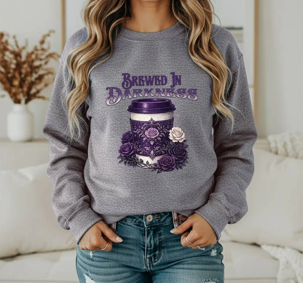 Brewed in Darkness Sweatshirt — Gothic Coffee Cup Graphic Printify