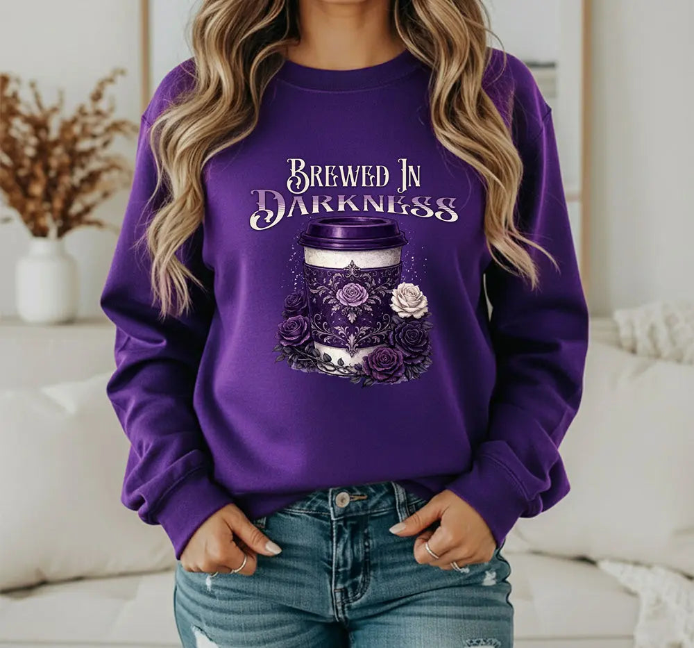 Brewed in Darkness Sweatshirt — Gothic Coffee Cup Graphic Printify