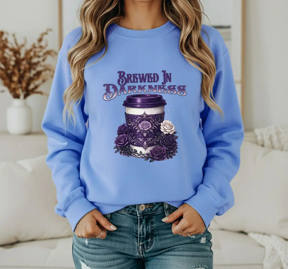 Brewed in Darkness Sweatshirt — Gothic Coffee Cup Graphic Printify