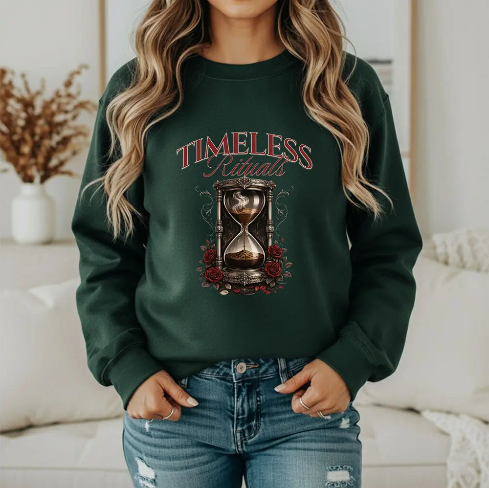 Timeless Rituals Hourglass Crewneck Sweatshirt — Gothic Vintage Rose Graphic Printify