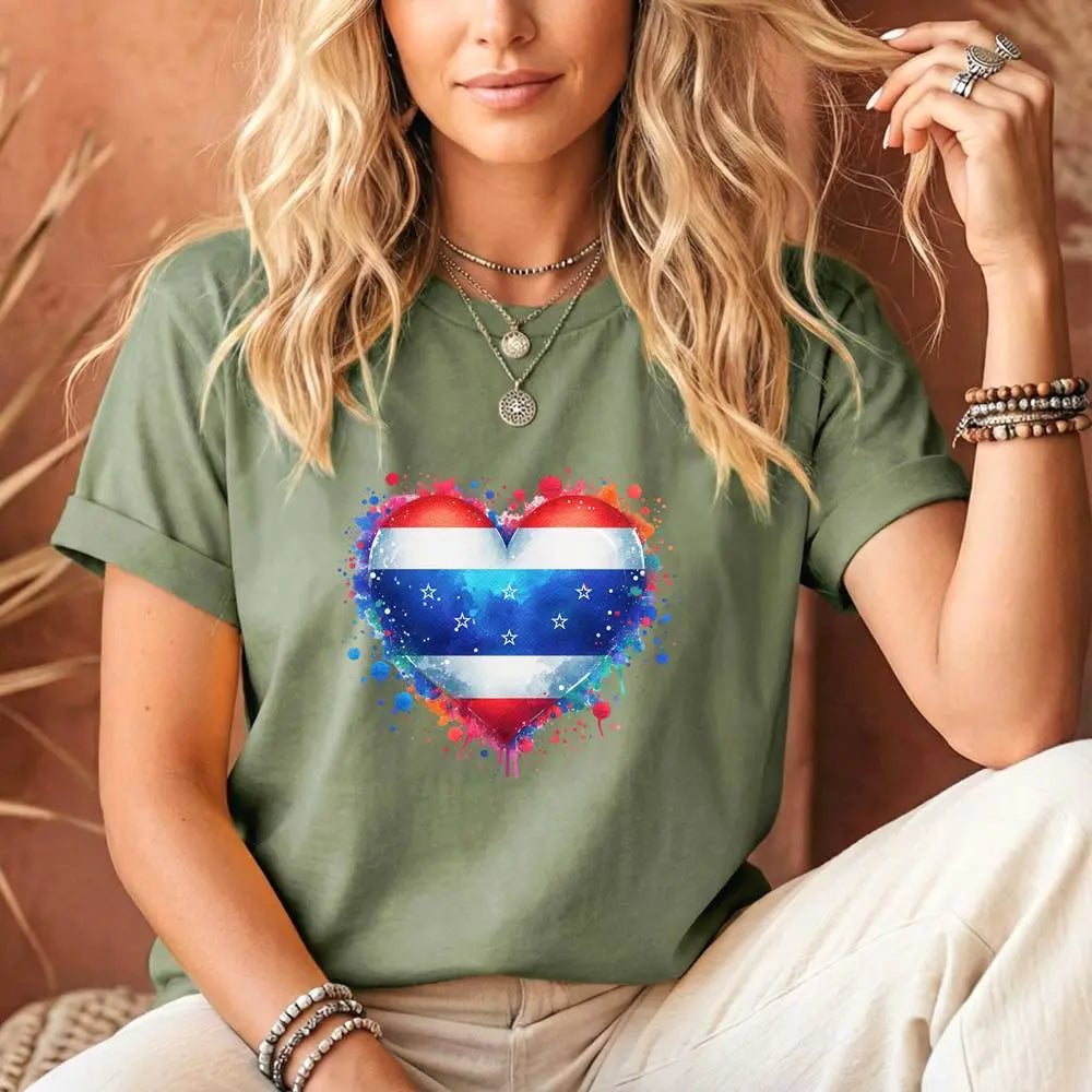 Splatter Heart and Stars T-Shirt – Watercolor Patriot Tee for National Holidays Printify