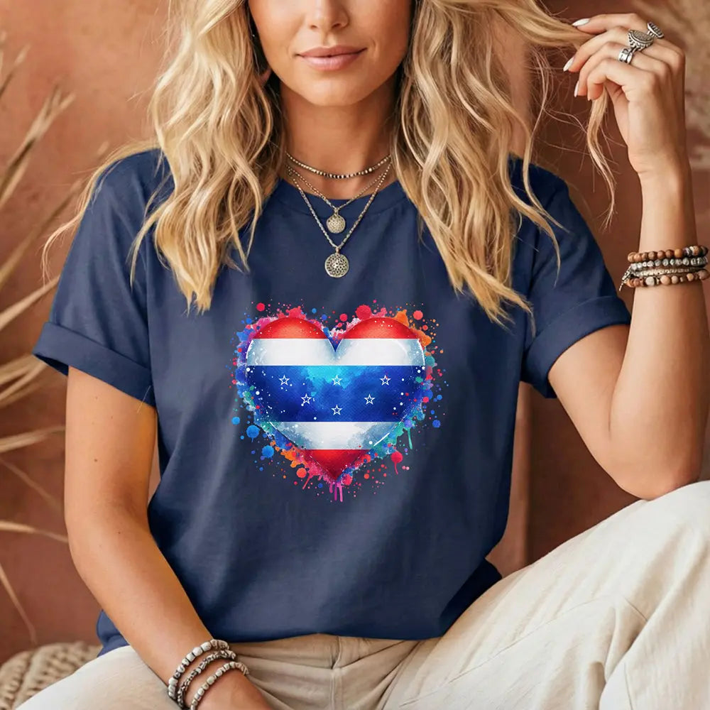 Splatter Heart and Stars T-Shirt – Watercolor Patriot Tee for National Holidays Printify