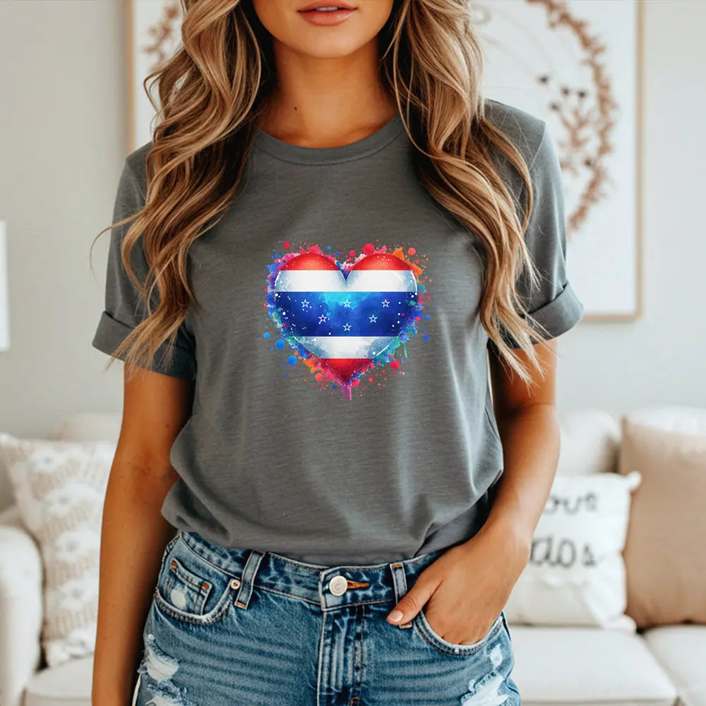 Splatter Heart and Stars T-Shirt – Watercolor Patriot Tee for National Holidays Printify