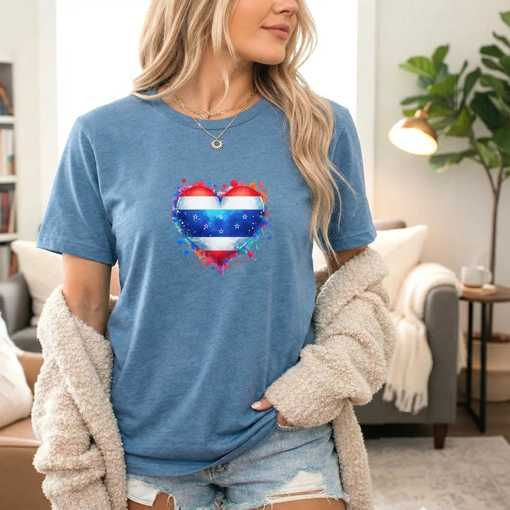 Splatter Heart and Stars T-Shirt – Watercolor Patriot Tee for National Holidays Printify