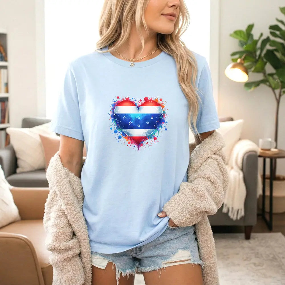 Splatter Heart and Stars T-Shirt – Watercolor Patriot Tee for National Holidays Printify