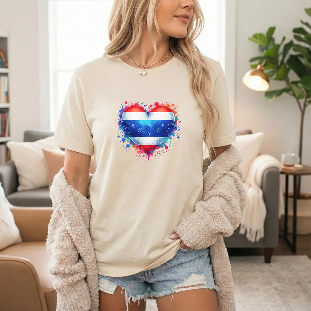 Splatter Heart and Stars T-Shirt – Watercolor Patriot Tee for National Holidays Printify