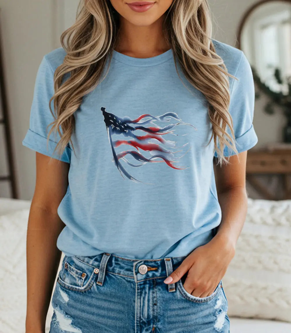 American Flag Waving Tee — Patriotic Red White Blue T-Shirt Printify