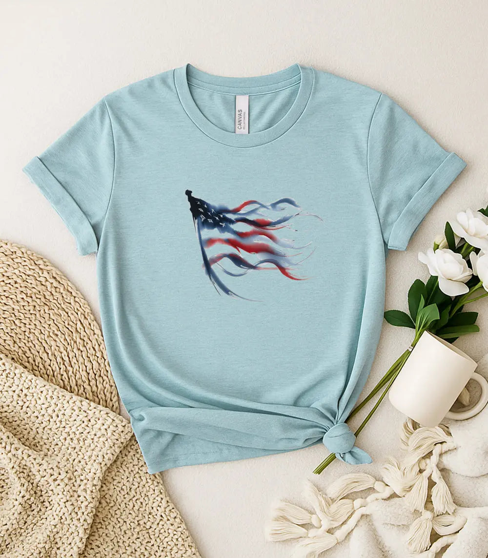 American Flag Waving Tee — Patriotic Red White Blue T-Shirt Printify
