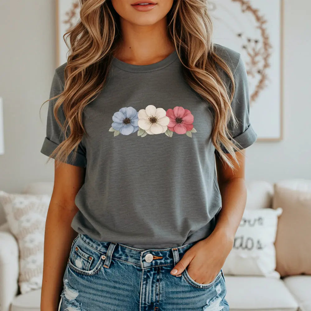Floral Trio Tee — Vintage Red, Cream & Blue Poppy Graphic T-Shirt Printify