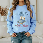 American Boots Sweatshirt - 'Home Is Where We Stand' Cozy Rainboot Graphic Printify