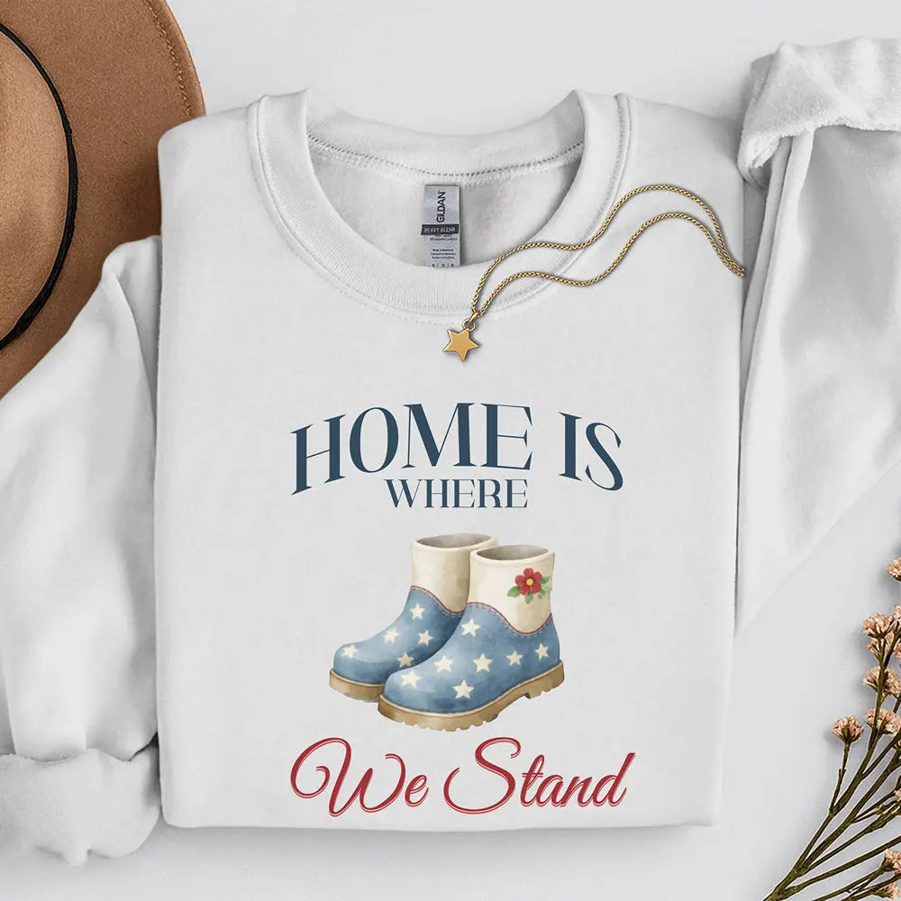 American Boots Sweatshirt - 'Home Is Where We Stand' Cozy Rainboot Graphic Printify