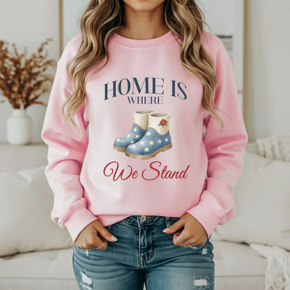 American Boots Sweatshirt - 'Home Is Where We Stand' Cozy Rainboot Graphic Printify
