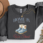 American Boots Sweatshirt - 'Home Is Where We Stand' Cozy Rainboot Graphic Printify