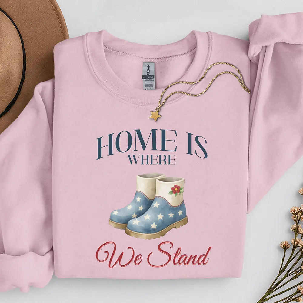American Boots Sweatshirt - 'Home Is Where We Stand' Cozy Rainboot Graphic Printify