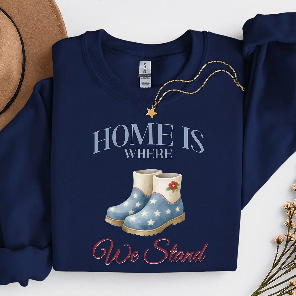 American Boots Sweatshirt - 'Home Is Where We Stand' Cozy Rainboot Graphic Printify