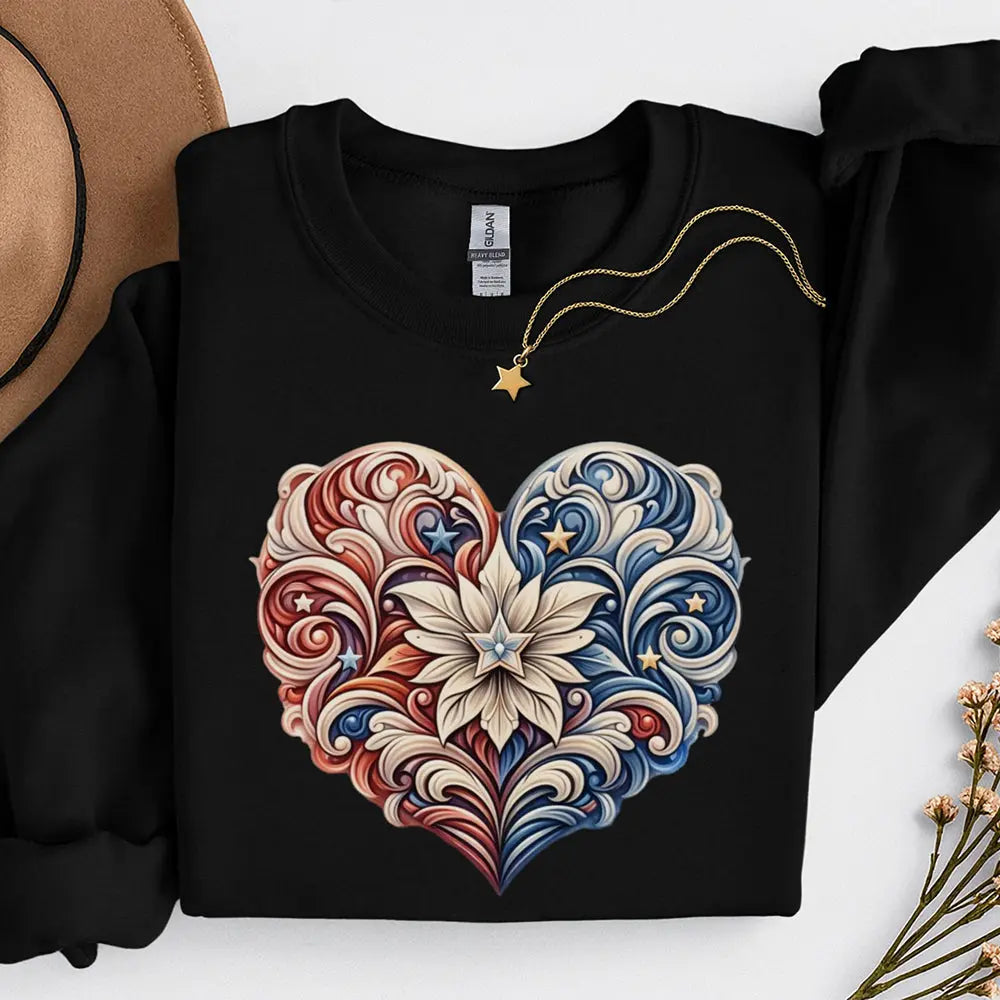 Floral Filigree Heart Sweatshirt — Red & Blue Ornate Heart Design Printify