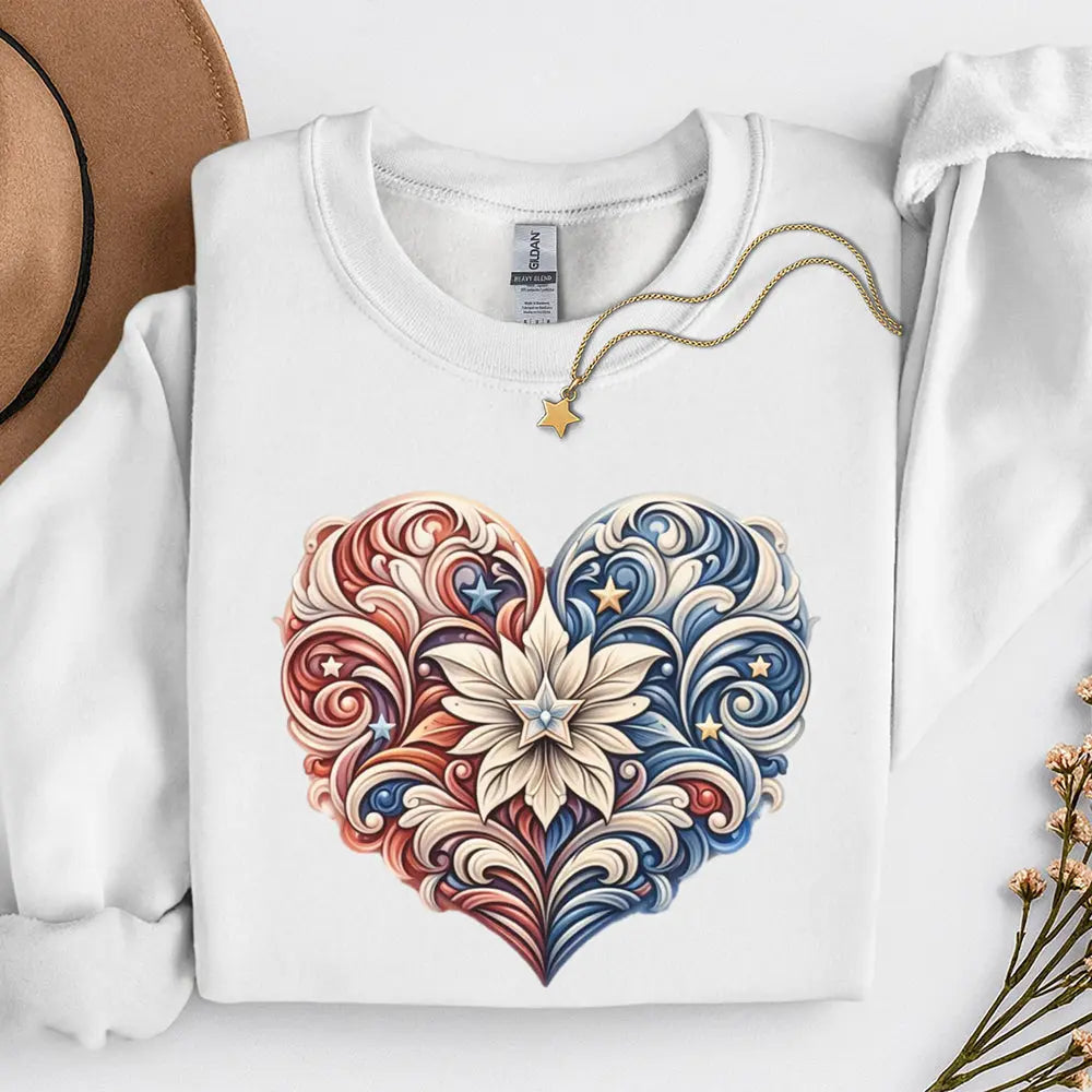Floral Filigree Heart Sweatshirt — Red & Blue Ornate Heart Design Printify