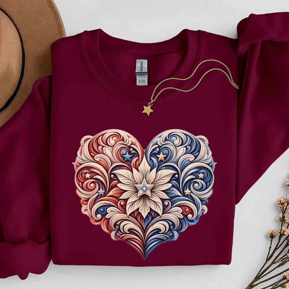 Floral Filigree Heart Sweatshirt — Red & Blue Ornate Heart Design Printify