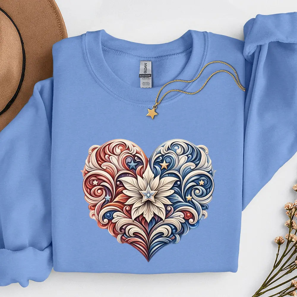 Floral Filigree Heart Sweatshirt — Red & Blue Ornate Heart Design Printify