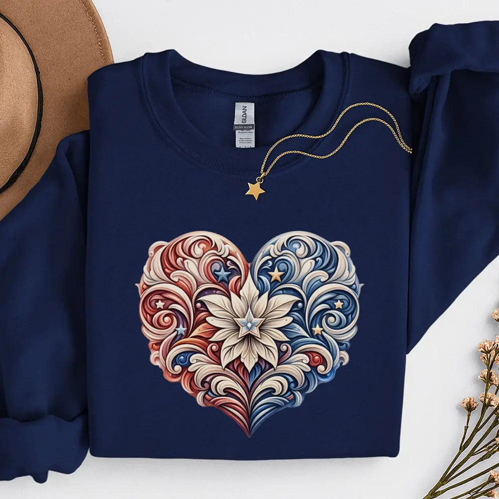 Floral Filigree Heart Sweatshirt — Red & Blue Ornate Heart Design Printify