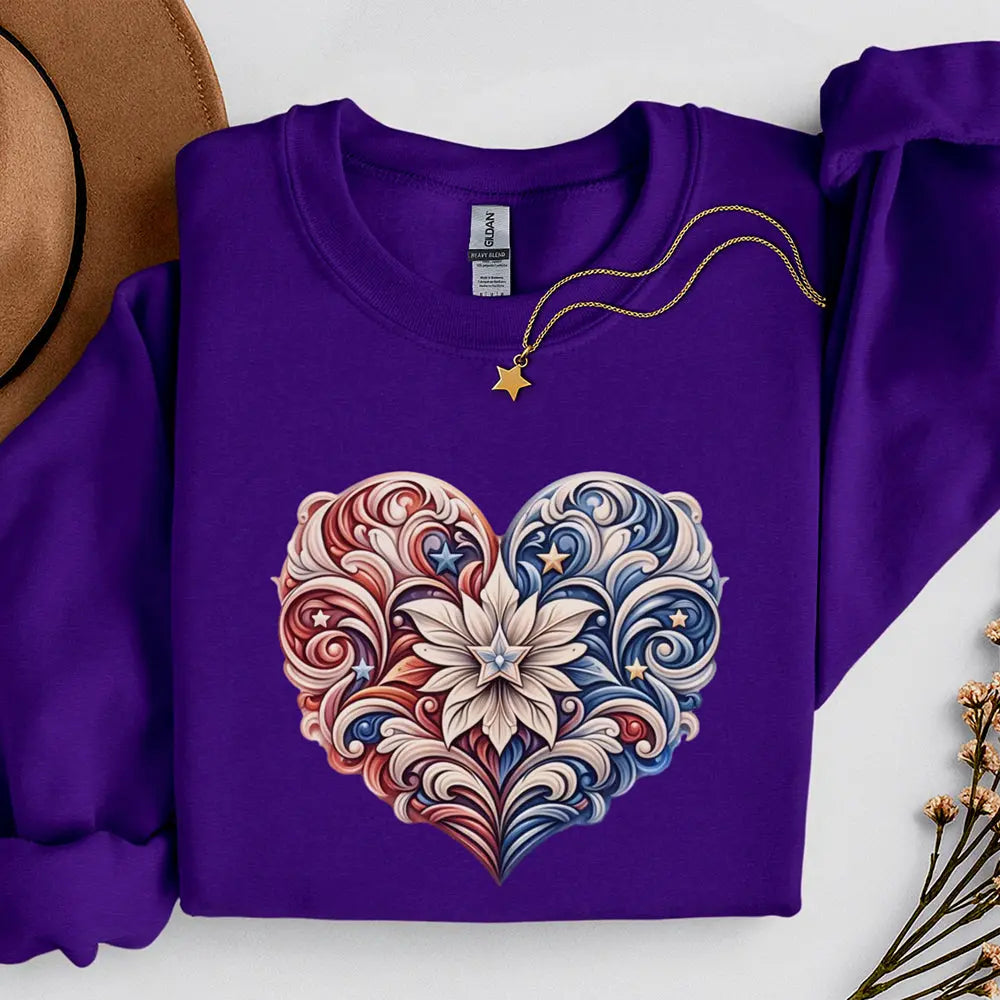 Floral Filigree Heart Sweatshirt — Red & Blue Ornate Heart Design Printify