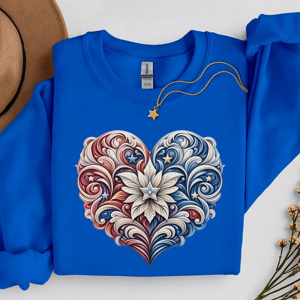 Floral Filigree Heart Sweatshirt — Red & Blue Ornate Heart Design Printify
