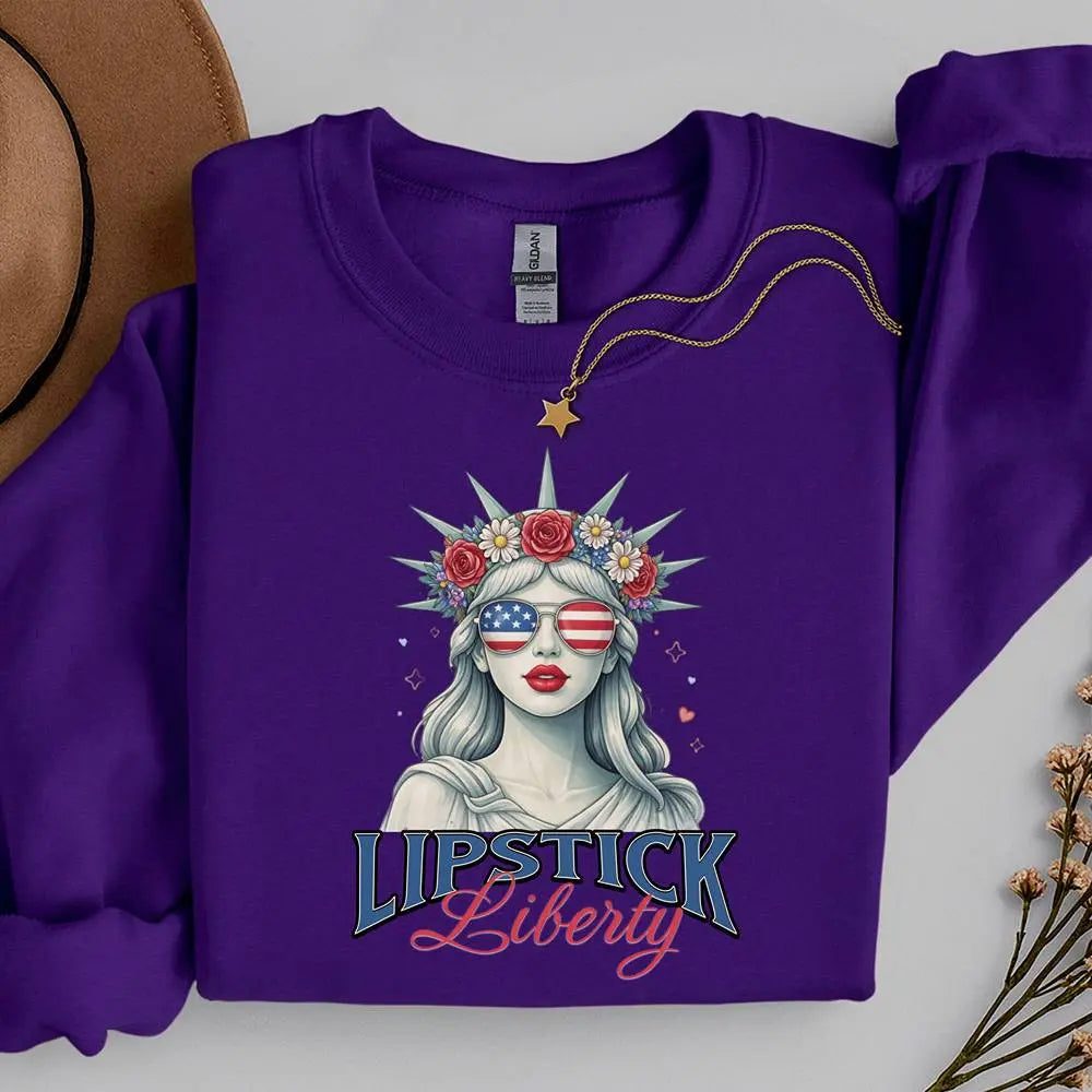 Liberty Lipstick Sweatshirt — Patriotic Statue of Liberty Graphic Crewneck Printify