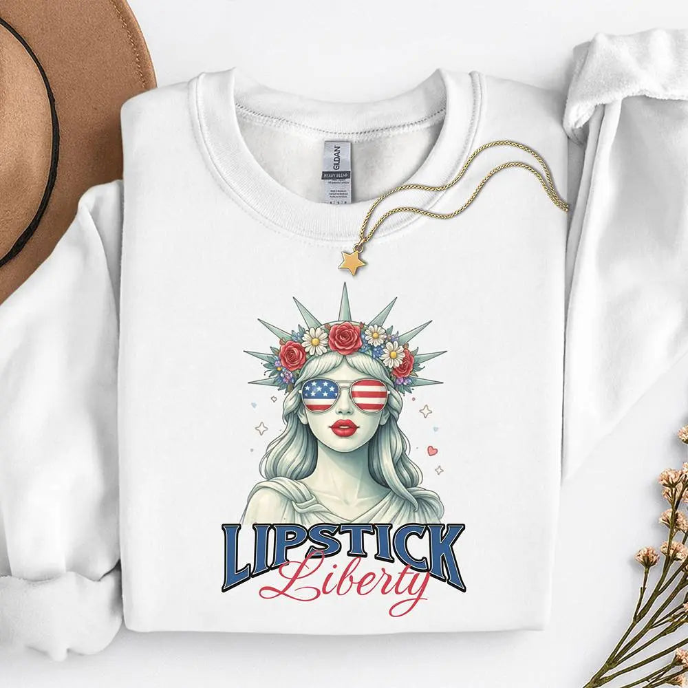Liberty Lipstick Sweatshirt — Patriotic Statue of Liberty Graphic Crewneck Printify