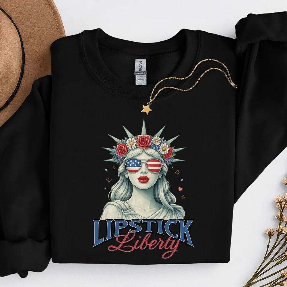 Liberty Lipstick Sweatshirt — Patriotic Statue of Liberty Graphic Crewneck Printify