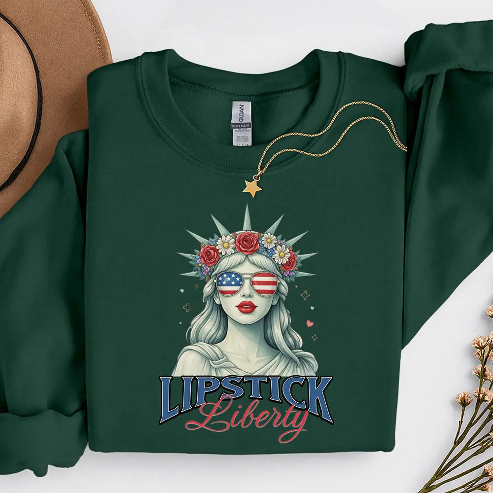 Liberty Lipstick Sweatshirt — Patriotic Statue of Liberty Graphic Crewneck Printify
