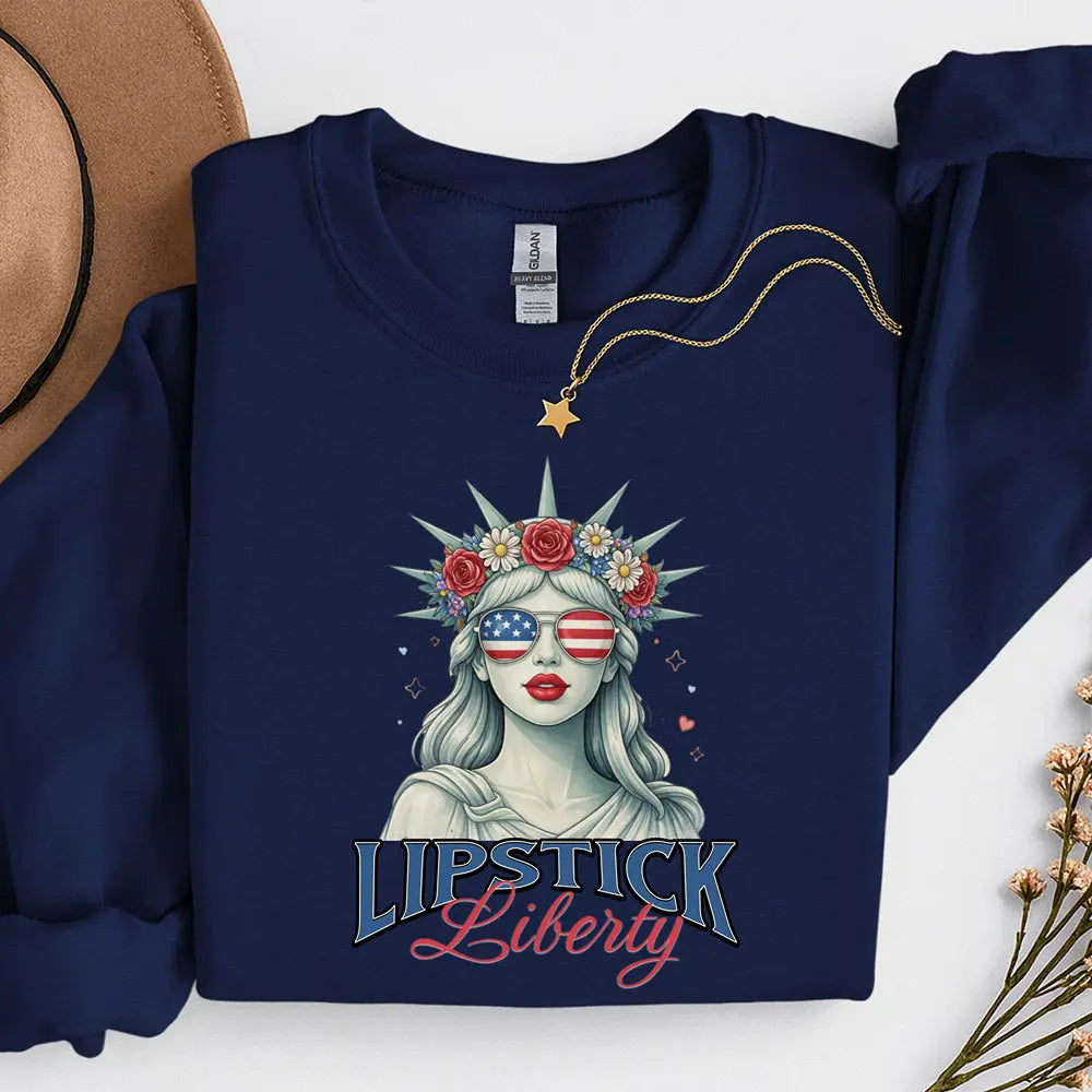 Liberty Lipstick Sweatshirt — Patriotic Statue of Liberty Graphic Crewneck Printify