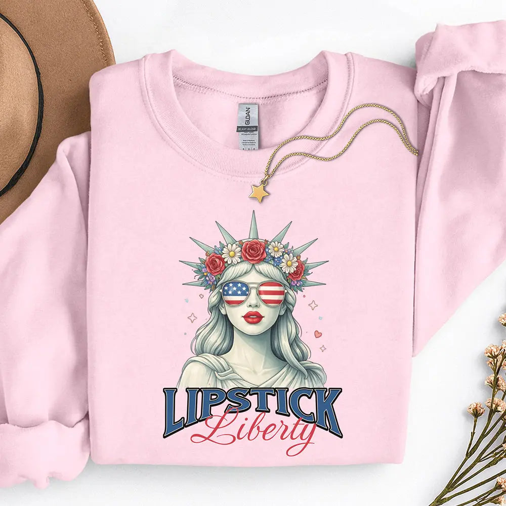 Liberty Lipstick Sweatshirt — Patriotic Statue of Liberty Graphic Crewneck Printify