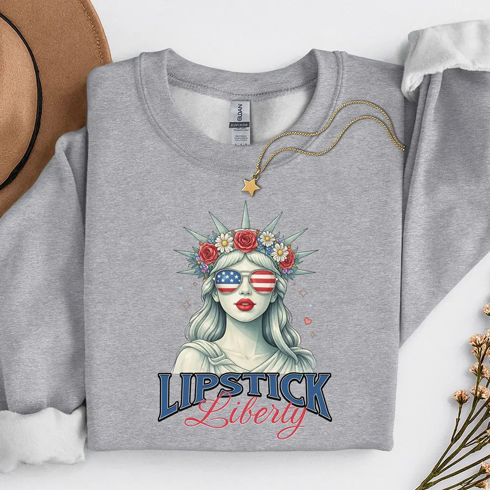 Liberty Lipstick Sweatshirt — Patriotic Statue of Liberty Graphic Crewneck Printify