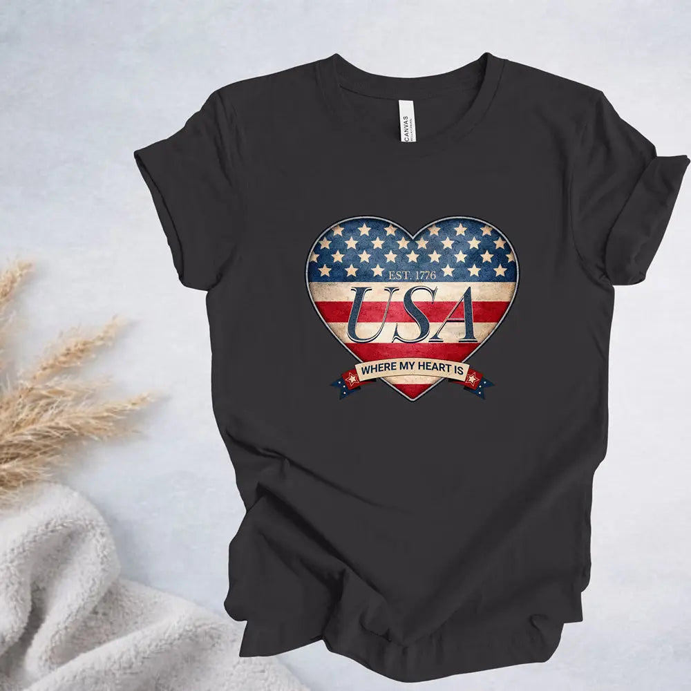 Where My Heart Is T-Shirt — Patriotic Heart Tee Printify